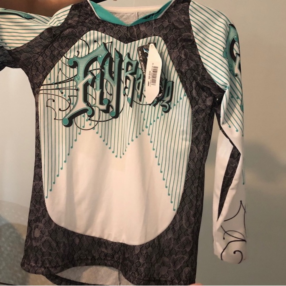 NEW Fly racing kinetic top, pants and gloves turquoise, white and black
